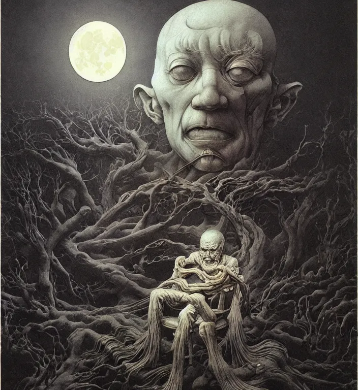 Prompt: old white - headed man under the huge moon on a street of ruined city by beksinski and takato yamamoto and austin osman spare and edward hopper and mark ryden and tsutomu nihei, very coherent, baroque elements, perfect anatomy, intricate design. surreal art.