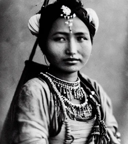 Prompt: vintage_portrait_photo_of_a_beautiful_nepalese_maiden in the himalayan mountains