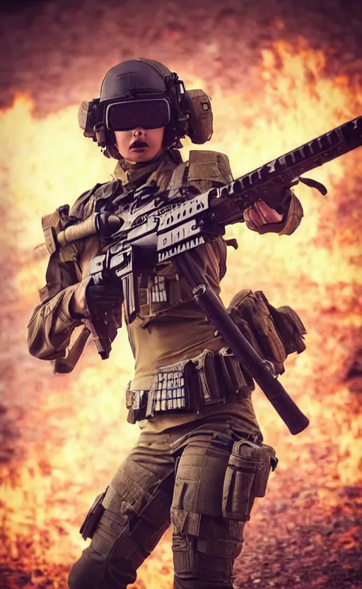 Prompt: an escalating violent firefight, highly detailed, high resolution, cosplay photo, stunning, girls frontline style, bokeh soft, 100mm, trending on instagram, by professional photographer, realistic human anatomy, real human faces, realistic military carrier, modern warfare, realistic weapon, shot with a arriflex 35 ii, low saturation, small human eyes, running pose, maid clothing