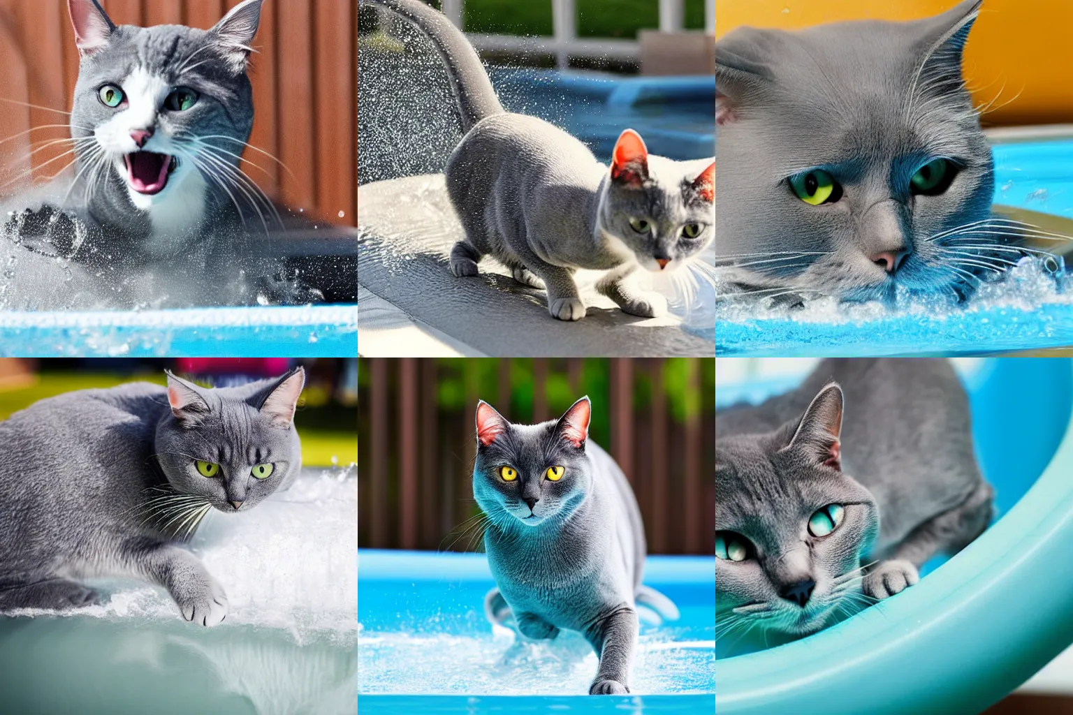 Prompt: A gray cat going down a water slide