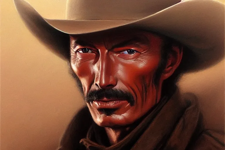 Image similar to close portrait of lee van cleef as a mean cowboy in pale rider ( 1 9 8 5 ). oil painting elegant, highly detailed, centered, digital painting, artstation, concept art, smooth, sharp focus, illustration, artgerm, tomasz alen kopera, peter mohrbacher, donato giancola, joseph christian leyendecker, drew struzan