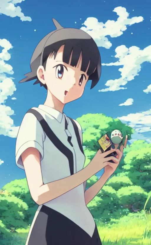 Prompt: a pokemon go card from 1 9 5 0, illustration, insect trainer girl, clear sky background, lush landscape, concept art, anime key visual, trending pixiv fanbox, by wlop and greg rutkowski and makoto shinkai and studio ghibli and kyoto animation, symmetrical facial features, symmetrical hands, short hair, hair down