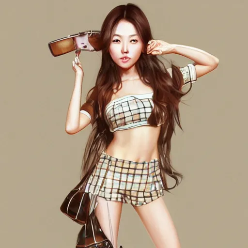 Prompt: a beautiful korean woman with hazel eyes and brown hair, wearing plaid pleat shorts and drawstring shirred tube top, stunning, highly detailed, digital painting, artstation, hard focus, art by artgerm and wlop