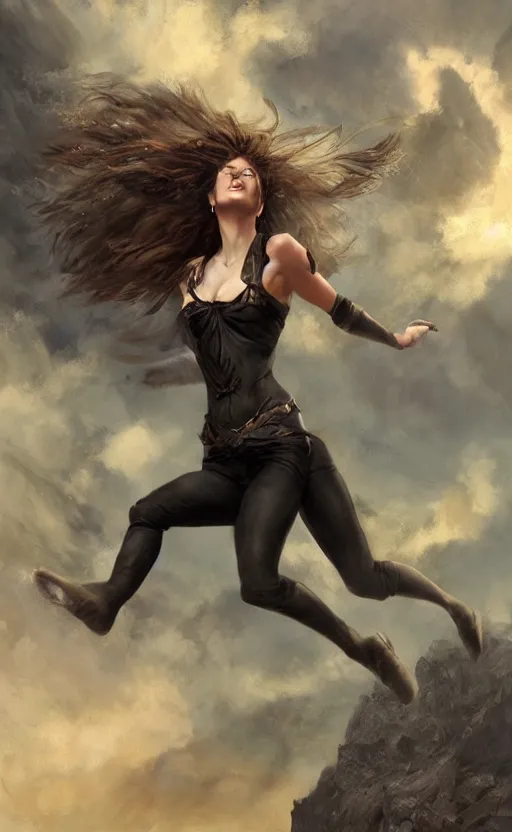 Prompt: photorealistic image of beautiful victorian female jumping gainer from a cliff fantasy warrior goddess, wind blown hair, seductive, confident, Neil Blevins, Frank frazetta, arney freytag, Magic the gathering,octane,