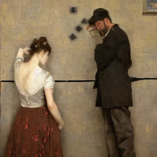 Image similar to a man and a woman solving an escape room puzzle, mysterious markings on the wall, by alfred stevens