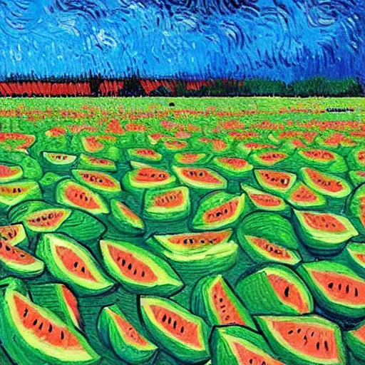 Prompt: a sea of watermelons ， van gogh style