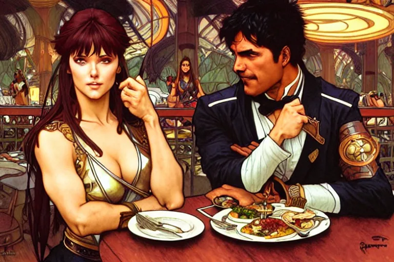 Image similar to xena warrior princess eating at a restaurant, with a hispanic man in a suit as her companion, art by artgerm and greg rutkowski and alphonse mucha