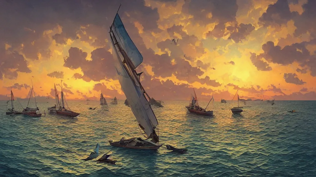 Prompt: sunset on caraibes, some boats, a few birds in the sky, sharp focus, illustration, paisible night lighting, incredible art by artgerm and greg rutkowski and alphonse mucha and simon stalenhag