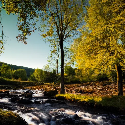 Image similar to landscape photography, warm sun, cozy stream, cows on the meadow, 4k