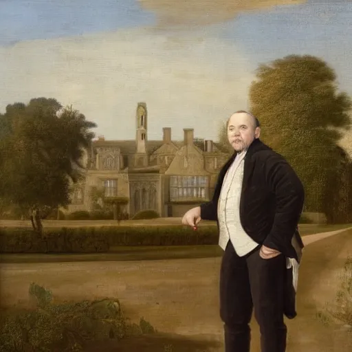 Prompt: portrait of a man with a large Manor house in the background. Highly detailed, realistic.