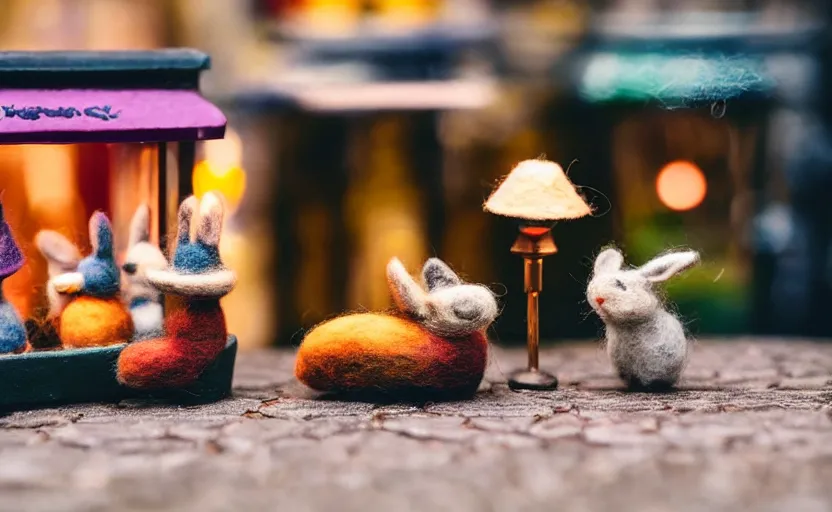 Image similar to miniature cafe diorama, macro photography, cafe with felted bunnies on a date, alleyway, ambient, atmospheric, british, cozy, bokeh, romantic, colorful lanterns