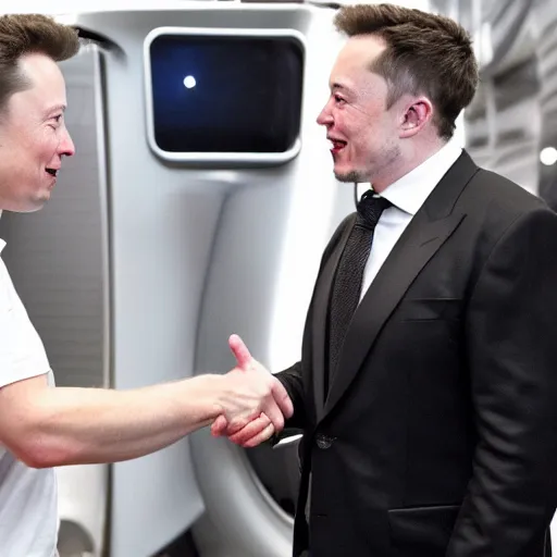 Prompt: Elon Musk shaking hands with another Elon Musk, highly detailed, high quality, HD, 4k, 8k, Canon 300mm, professional photographer, 40mp, lifelike, top-rated, award winning, realistic, sharp, no blur, edited, corrected, trending