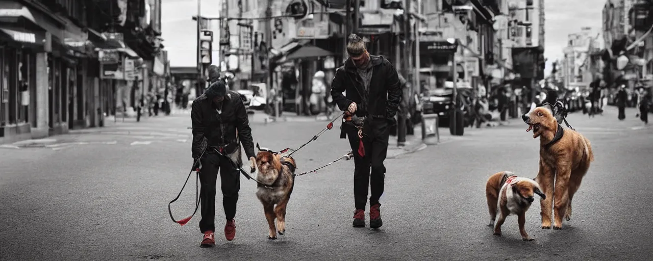 Prompt: “Humanoid dog wearing clothes walking his leashed human pet on the busy city street. Photorealistic”