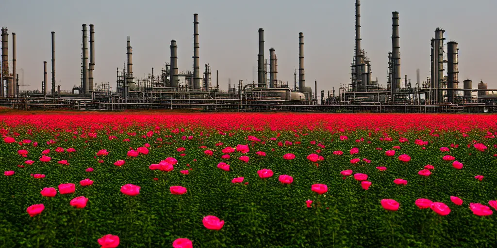 Image similar to a beautiful big field of rosses with in the background industry buildings with dirty smoke oil refinery, f / 2. 8, global illumination, by zeng fanzhi