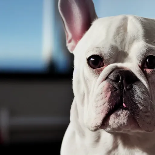 Prompt: A white french bulldog as the president of the united states, 8k hdr movie still, dynamic lighting, detailed