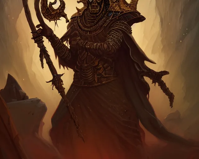 Image similar to an undead desert lich pharaoh, holding a goat head staff, deep focus, d & d, scary, fantasy, intricate, elegant, highly detailed, digital painting, artstation, concept art, matte, sharp, illustration, hearthstone, art by artgerm and greg rutkowski and alphonse mucha