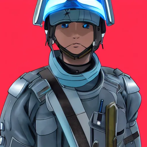 Image similar to a futuristic soldier captain with a metal visor and a blue shoulderpad in anime style