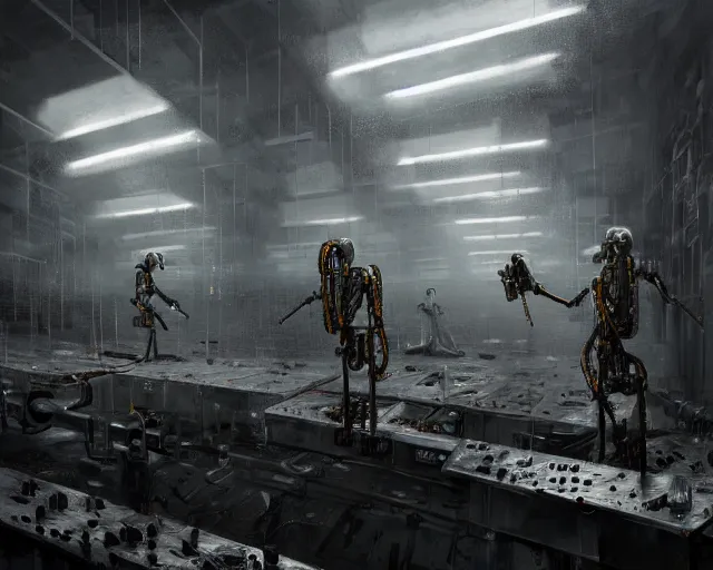 Image similar to gloomy ruined server room in datacenter robot figure automata headless robot knight colossus welder posing pacing fixing soldering mono sharp focus, emitting diodes, smoke, artillery, sparks, racks, system unit, motherboard, by pascal blanche rutkowski repin artstation hyperrealism painting concept art of detailed character design matte painting, 4 k resolution blade runner