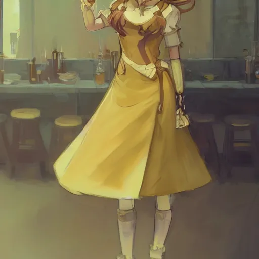 Image similar to A girl in a maid's outfit in a cafe a afternoon, wavy hair yellow theme,S line,45 angel by krenz cushart and mucha and greg rutkowski ,nier:automata inspired-H764