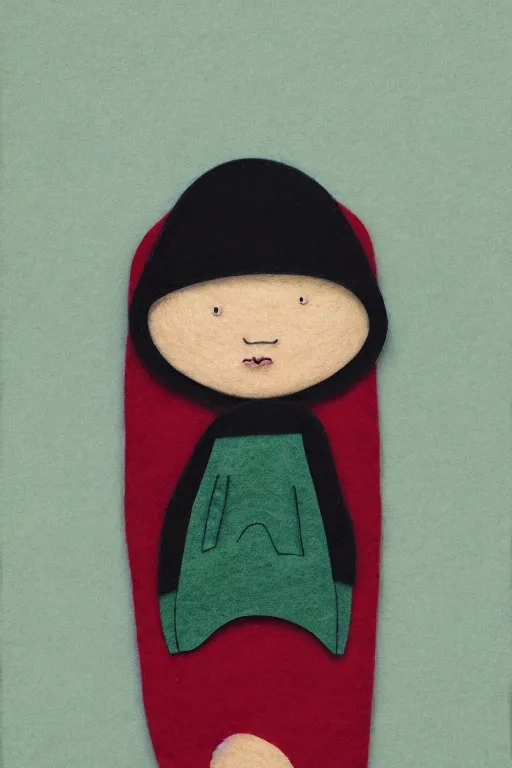 Image similar to felt illustration, portrait of a small character, with a big head, wearing a hood