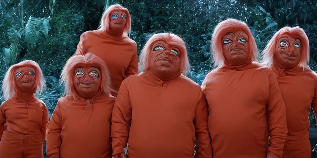 Prompt: photo of real life oompa loompas resembling donald trump, creepy!!!, scaly!!!, gritty!!!, menacing!!!, evil, ultra realistic, gritty, winter, golden hour, volumetric lighting, sharp focus