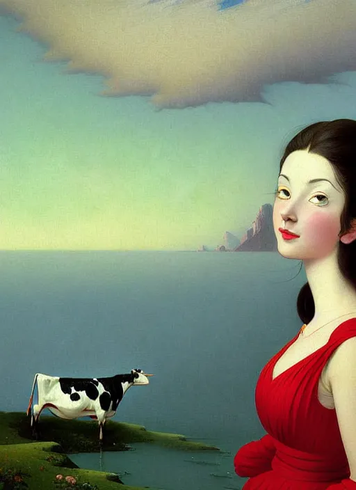 Image similar to hyper detailed 3 d render like a oil painting - cute portrait of a brunette named emma, italian looking, looking at camera, symmetrical face, long brunette hair, nose ring, a smiling cow looking over her shoulder by ryden, kawase hasui, dorothea tanning, edward hopper and james gilleard, aivazovsky, beksinski, outram, artstation