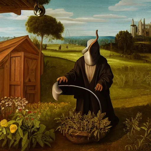 Image similar to a plague doctor picking herbs, golden ratio, morning light, renaissance painting, 8k