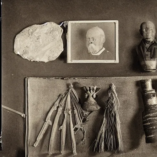 Prompt: Tintype photograph of primitive objects and a ready-made displayed in an ethnographic museum, archive material, anthropology, 1920s studio lighting.