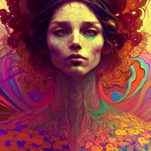 Image similar to An extremely colorful psychedelic experience, reality bending, magic mushrooms, psilocybin, LSD, face, detailed, intricate, elegant, highly detailed, digital painting, artstation, concept art, smooth, sharp focus, illustration, art by Krenz Cushart and Artem Demura and alphonse mucha