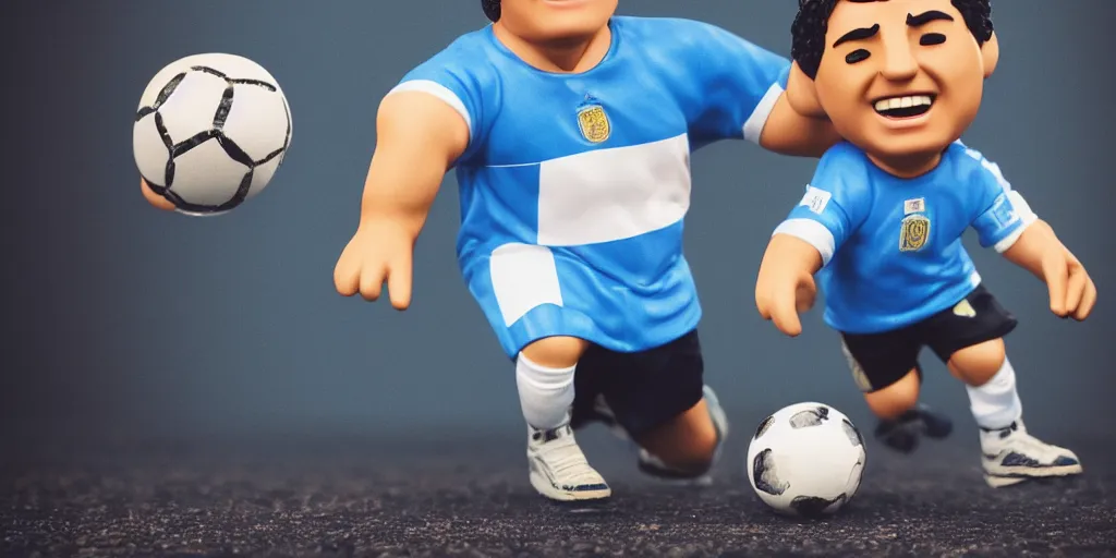 Image similar to funko of young thing maradona with big head, argentina t - shirt, smile, no beard, stand with a ball under his left foot, max resolution, high contrast, cinematic, light cinematic, volumetric, realistic, cinematic lighting, octane render, hyper realistic