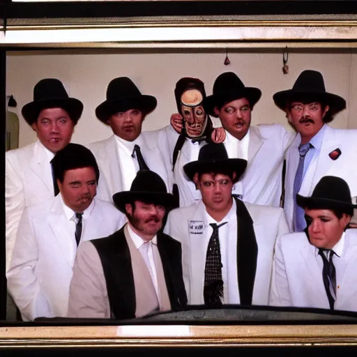 Image similar to a group of men in white suits and hats, a colorized photo by david diao, reddit contest winner, art brut, 1 9 7 0 s, 1 9 9 0 s, freakshow