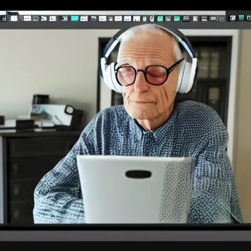 Image similar to A colored colorized real screenshot of Jerma985 as an elderly guy streaming on his computer while wearing headphones, taken in the early 2020s, taken on a 2010s Camera, realistic, hyperrealistic, very realistic, very very realistic, highly detailed, very detailed, extremely detailed, detailed, digital art, trending on artstation, headshot and bodyshot, detailed face, very detailed face, very detailed face, real, real world, in real life, realism, HD Quality, 8k resolution, intricate details, colorized photograph, colorized photon, body and headshot, body and head in view