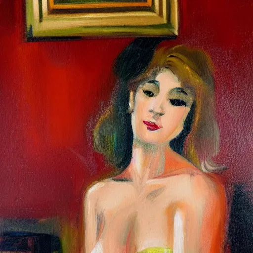 Image similar to an oil on canvas painting of a beautiful feminine woman from the 90's, red dress, leaning against the wall, 90's living room, figurative art, old computers, CRT screens, fine art, studio portrait, detailed, deviantart, cgsociety, chiaroscuro, acrylic art, by Elmer Bischoff, by Michael Garmash, by Edward Hopper