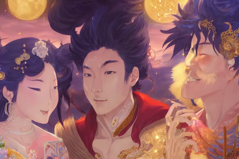 Image similar to close up moment of a divine a japan sun god and a moon goddess lovers magician at a wedding banquet, highly detailed, d & d, fantasy, 4 k realistic, digital painting, trending on artstation, concept art, sharp focus, illustration, art by makoto shinkai and akihiko yoshida and daniel gerhartz