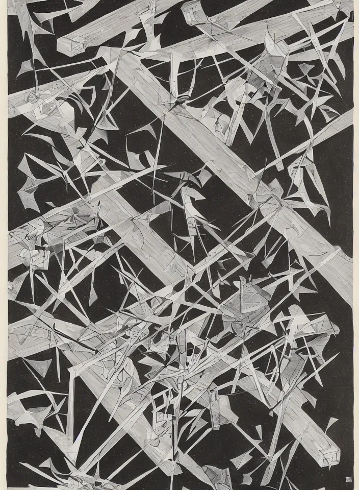 Prompt: boron by m. c. escher, endre rozsda, wu guanzhong. ink and wash painting, vibrant, calligraphy, woodblock, ink, geometric, 3 d.
