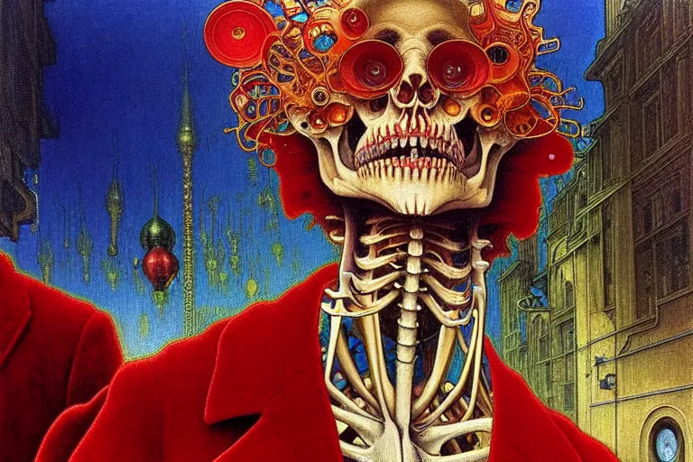 Prompt: realistic detailed closeup portrait painting of a single skeleton wearing red velvet blazer in a crowded futuristic moscow street by jean delville, amano, yves tanguy, alphonse mucha, ernst haeckel, ilya repin, edward robert hughes, andrei tarkovsky, roger dean, rich moody colours, blue eyes