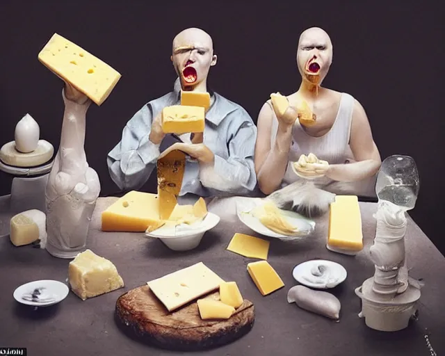 Image similar to incredible strange absurd artwork of androids tasting cheese, finding it very weird, weird tasting ritual of cheese products in the style of tim walker fashion photography