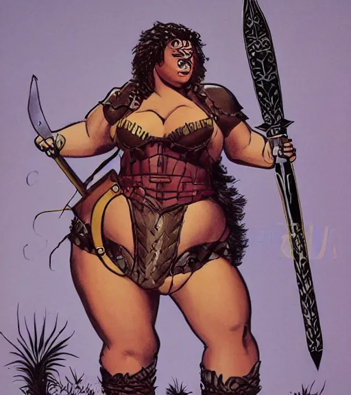 Prompt: 1 9 8 0 s fantasy novel book cover, bbw plus size amazonian zendaya in extremely tight bikini armor wielding a cartoonishly large sword, exaggerated body features, dark and smoky background, low quality print