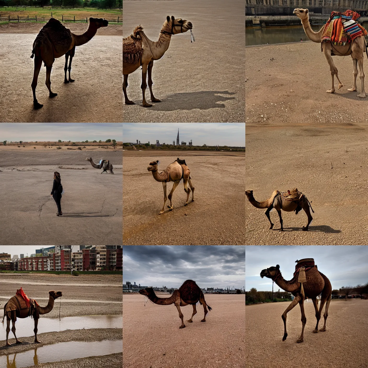 Prompt: a camel walking along a dried up riverbed in london