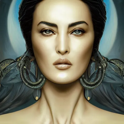 Image similar to A digital masterpiece illustration concept art of giant porcelain statue of a very beautiful Monica Bellucci, beautiful eyes, symmetrical face, symmetrical body, taiga landscape + inspired art by mark brooks + Extremely detailed and intricate complexity + epic composition, magical atmosphere, cinematic lighting + wide long shot, wide angle + trending on artstation + 8k