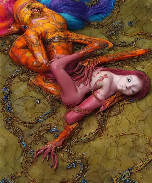 Prompt: a portrait photograph of a colorful alien succubus super villian with amphibian skin. she looks like sadie sink and is being wrapped in a colorful slimy organic membrane catsuit while sleeping. by donato giancola, hans holbein, walton ford, gaston bussiere, peter mohrbacher and brian froud. 8 k, cgsociety, fashion editorial