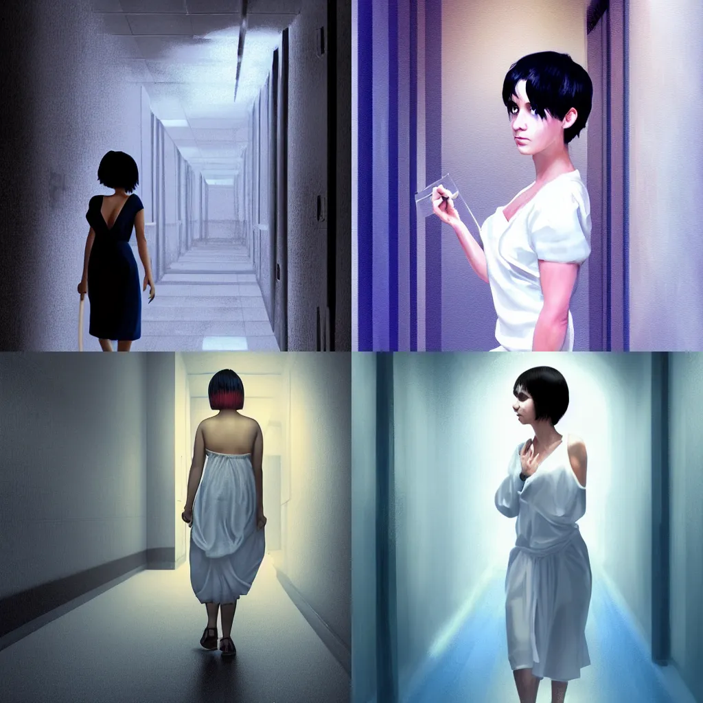 Prompt: A young woman with short black hair, wearing a white hospital gown, walks down dark hallway, timid and vulnerable expression, glowing with blue holy energy, full body shot, strong contrast, digital painting by WLOP