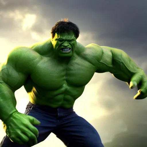 Image similar to limmy brian limond as the incredible hulk, realistic, wide shot, sunny lighting, octane render, hyper realistic, high quality, highly detailed, hd, beautiful, cinematic, 8 k, unreal engine, facial accuracy,