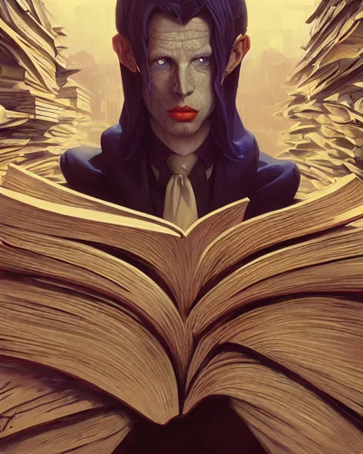 Prompt: highly detailed surreal vfx portrait of a villain in a graveyard of books, stephen bliss, unreal engine, greg rutkowski, loish, rhads, beeple, makoto shinkai and lois van baarle, ilya kuvshinov, rossdraws, tom bagshaw, alphonse mucha, global illumination, detailed and intricate environment