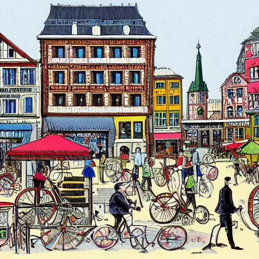 Image similar to detailed wimmelbilder cartoon image of a city square with shops and cars and bicycles and stands