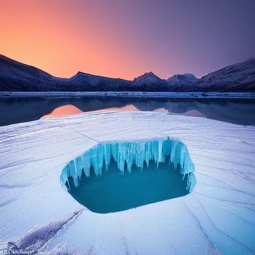 Image similar to amazing landscape photo of A monster trapped under the ice transparent frozen lake at sunset by marc adamus beautiful dramatic lighting