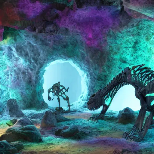 Prompt: photorealistic dinosaur skeleton inside a geode of colored crystals, volumetric lighting