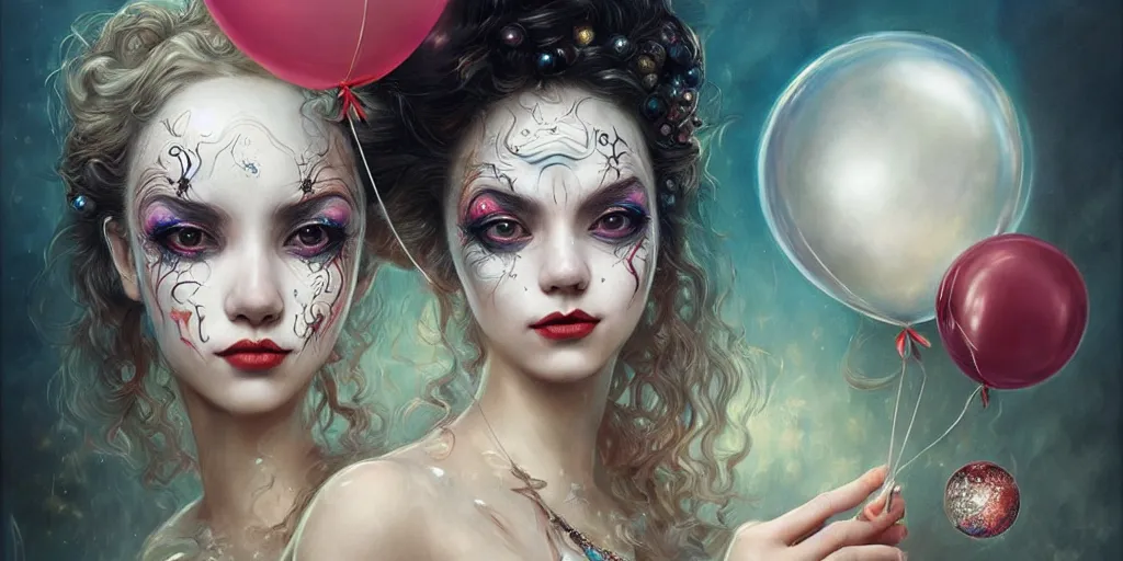 Image similar to a portrait of a group of female clown sorceress with balloons bathing in a lake by karol bak and jia ruan, beautiful detailed eyes, cute, fantasy, intricate, elegant, highly detailed, digital painting, 4 k, hdr, concept art, detailed jewelry, smooth, sharp focus, illustration, art by artgerm