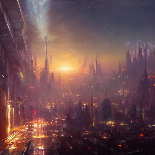 Image similar to Concept art, beautiful painting of a metropolis city, shining its light among stars, 8k, james gurney, greg rutkowski, john howe, artstation