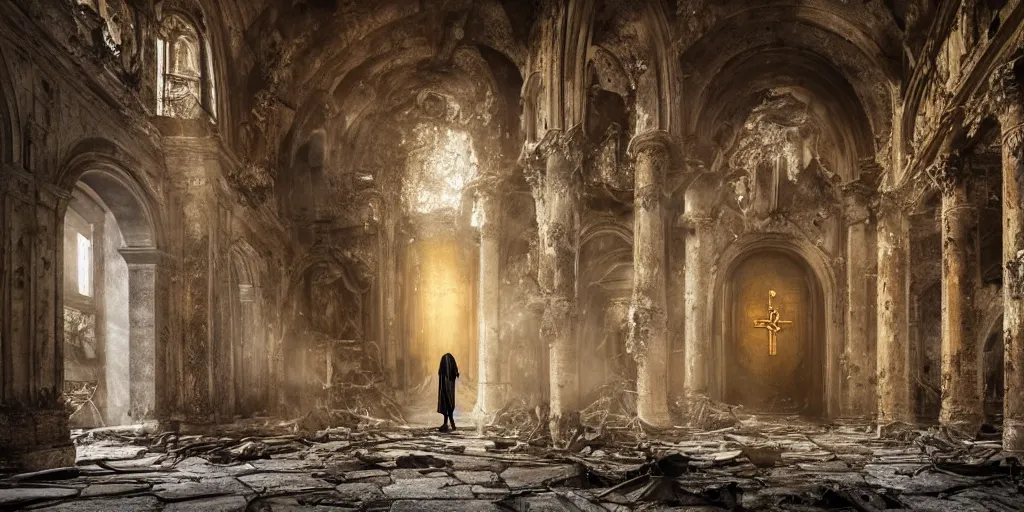 Prompt: gloomy photo of biopunk monk standing inside ruined catholic cathedral interiors with walls painted in khokhloma style, gold and black, wide angle, 24mm, 8k resolution, detailed, very beautiful, award winning, matte painting